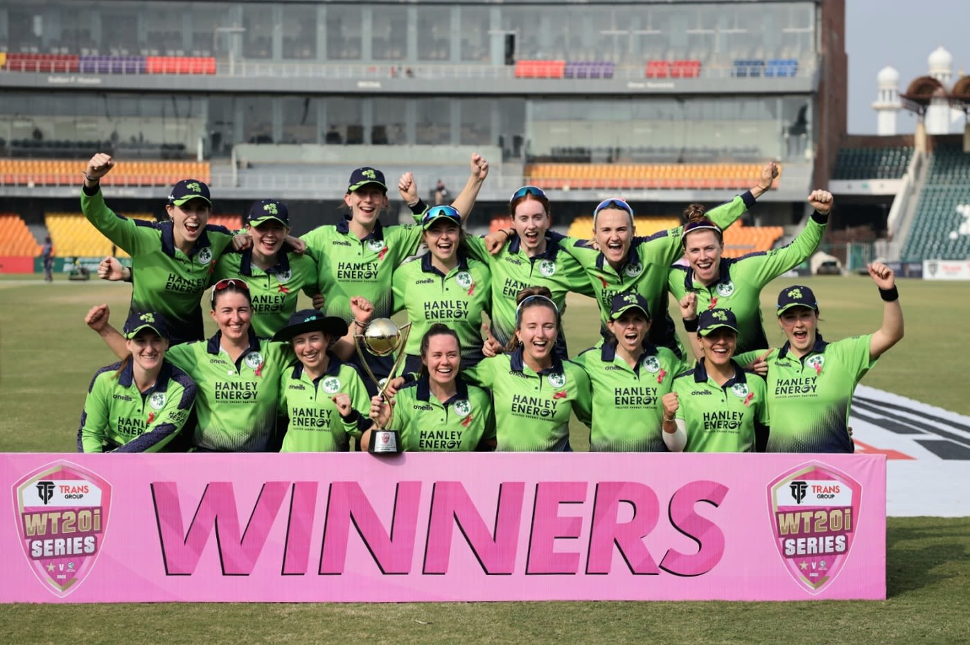 Ireland pose after beating Pakistan 2-1 in the T20I series
