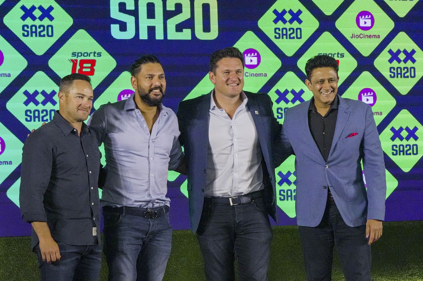 [L to r} Mark Boucher, Yuvraj Singh, Graeme Smith and Anil Kumble at an SA20 launch event