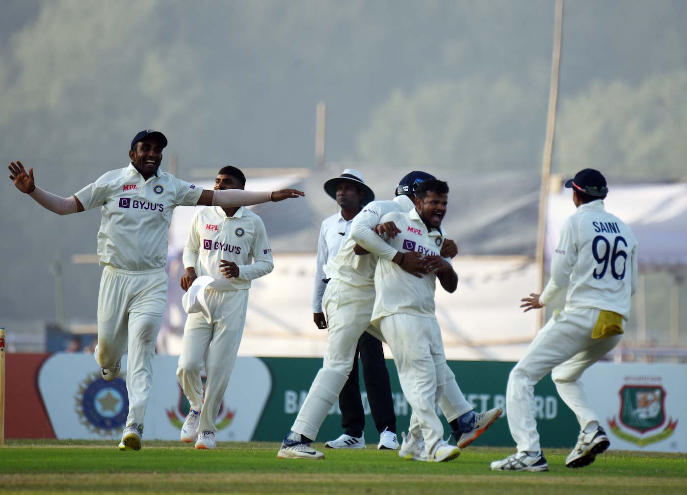 Saurabh Kumar celebrates after taking a wicket