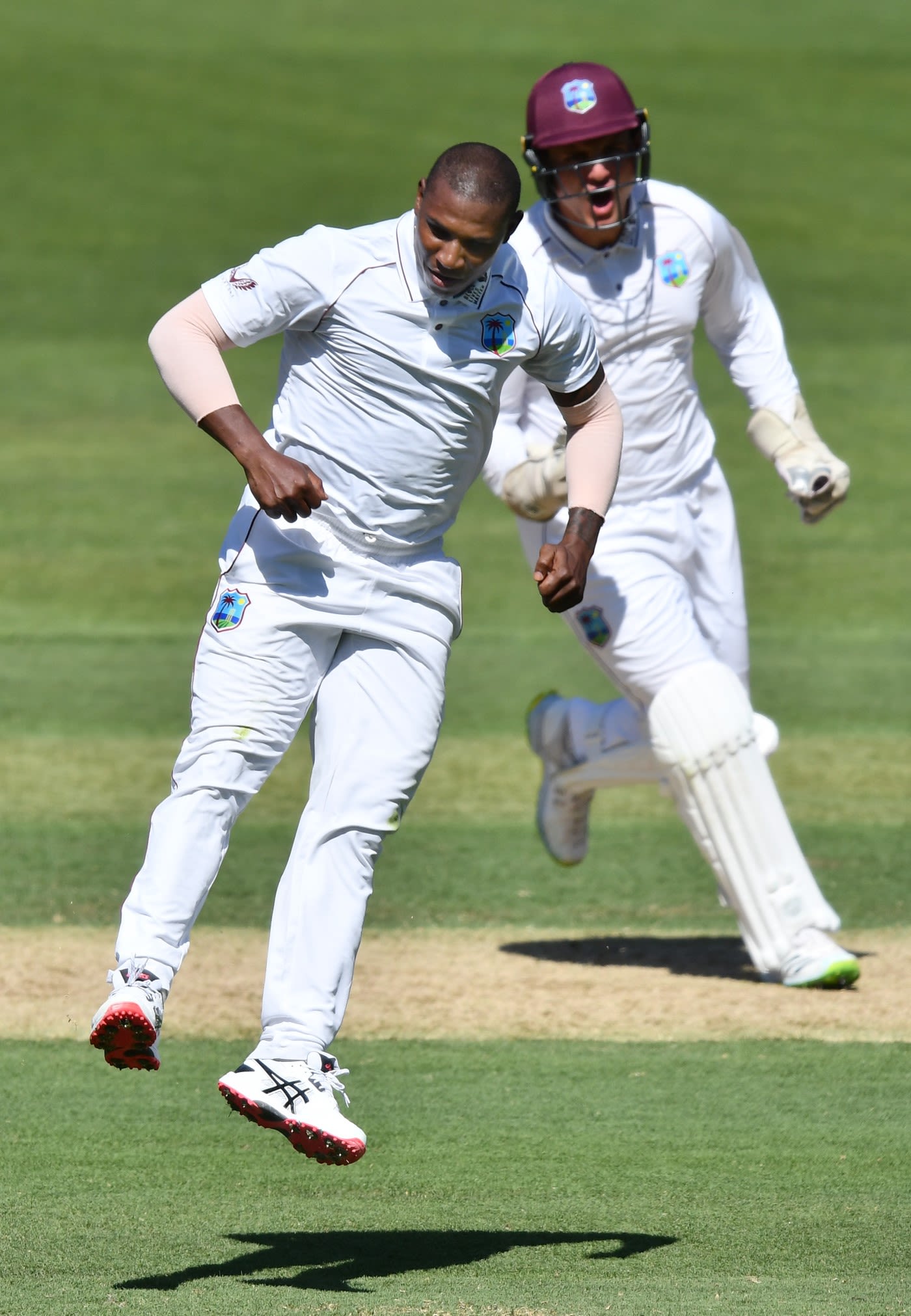 Devon Thomas celebrates his second Test wicket