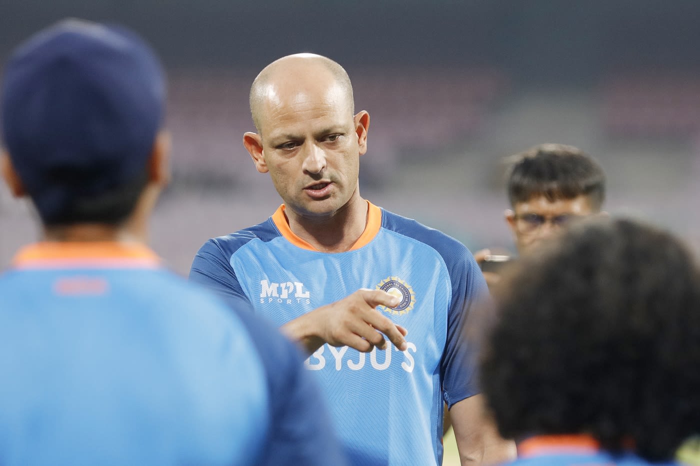 Batting coach Hrishikesh Kanitkar speaks to the players