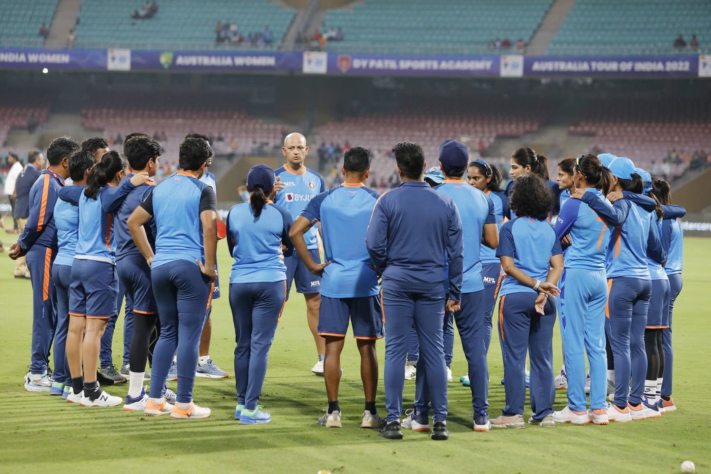 Batting coach Hrishikesh Kanitkar addresses the players before the game