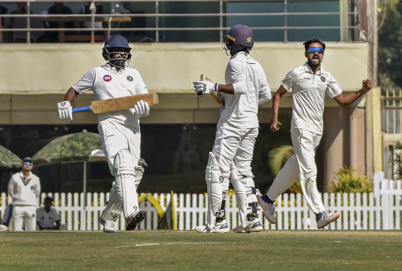 Shahbaz Nadeem celebrates after dismissing Rohan Kunnummal