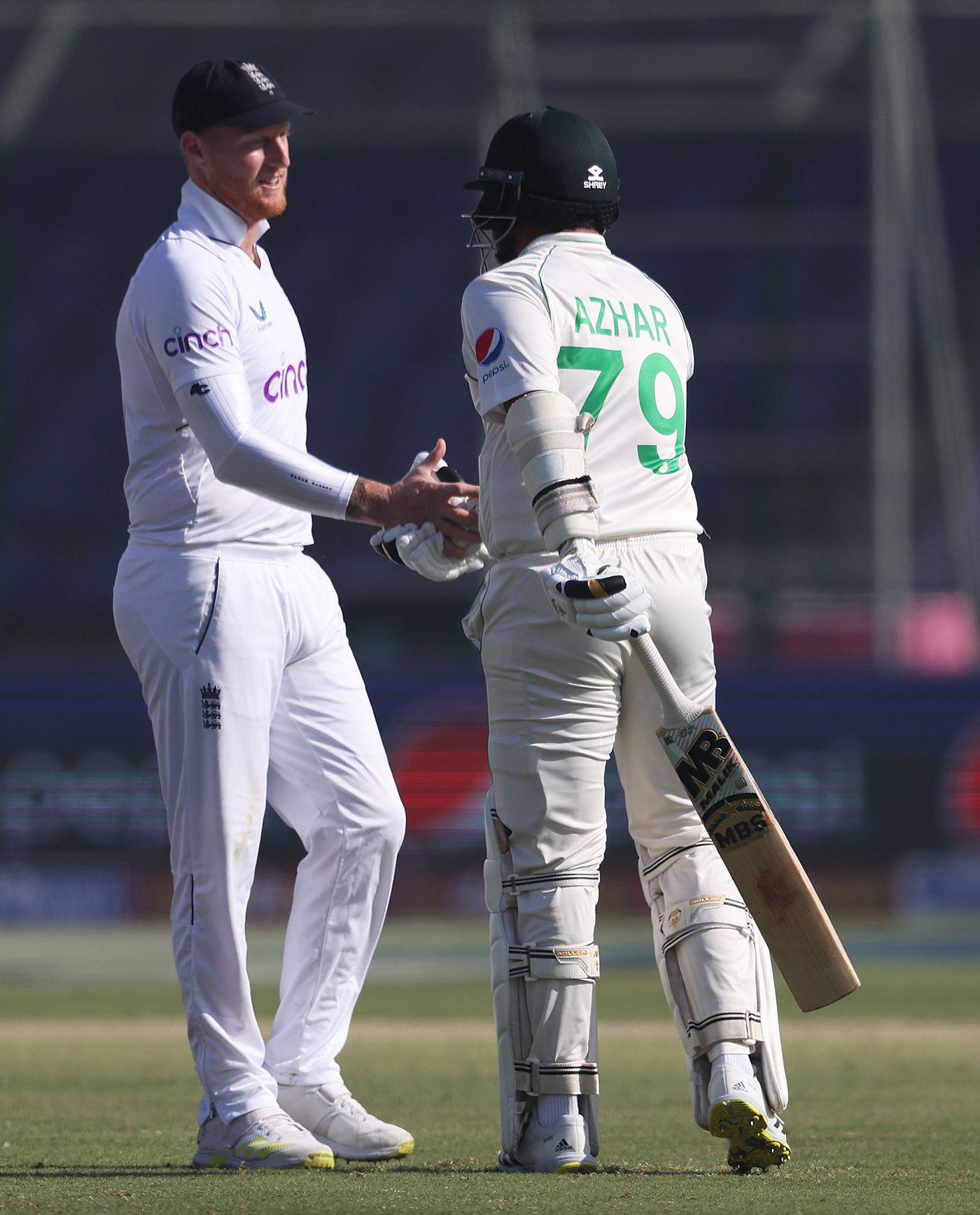 Azhar Ali shakes hands with Ben Stokes after his dismissal