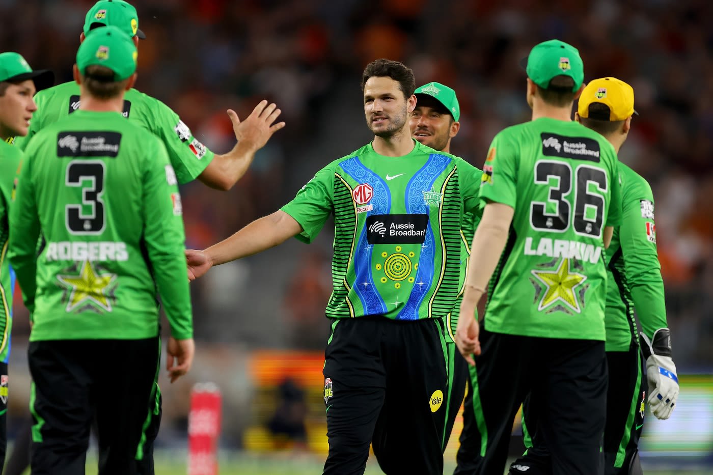 Nathan Coulter-Nile celebrates after dismissing Aaron Hardie