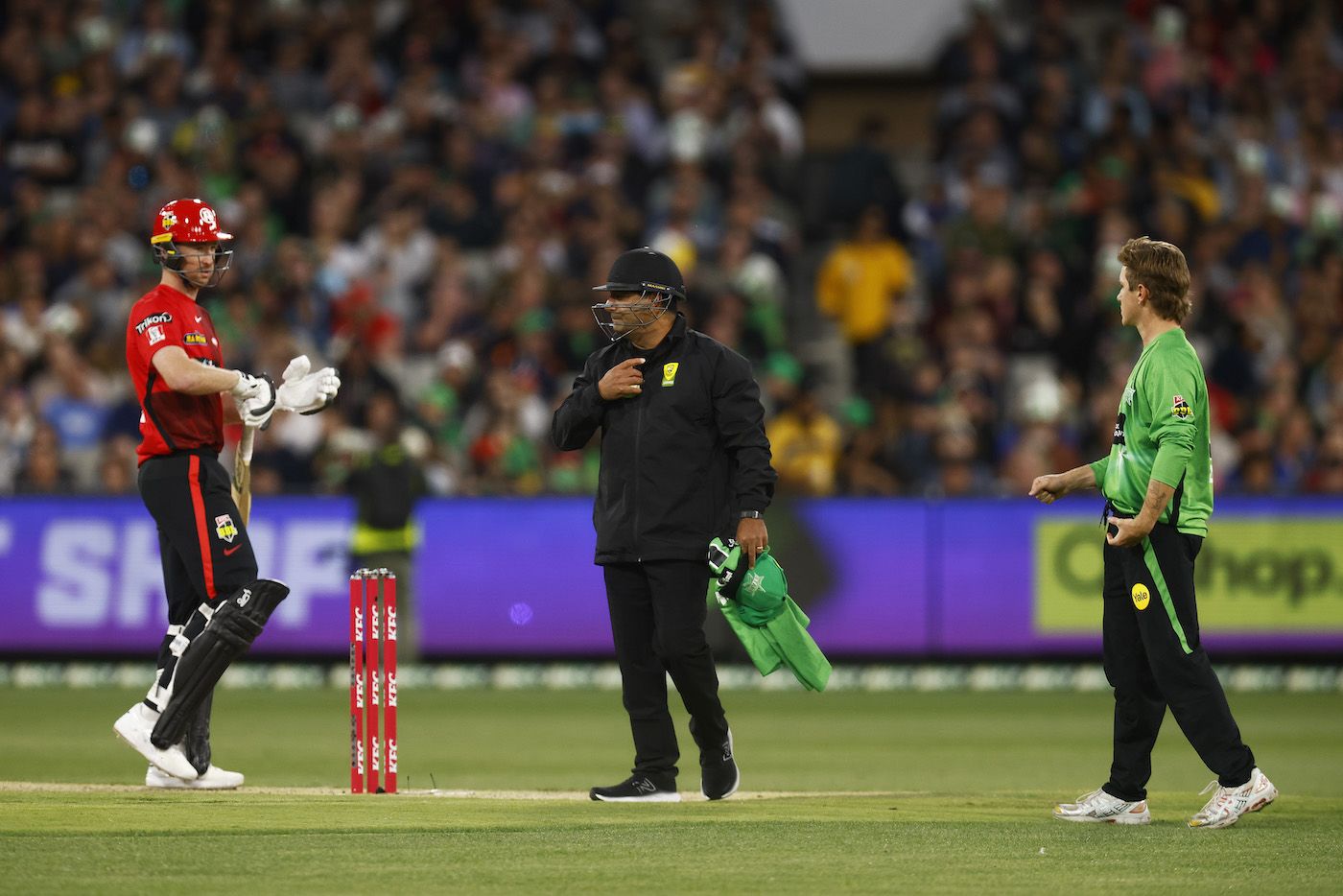 Out or not out? Adam Zampa's attempt to run Tom Rogers out backing up at the non-striker's end was turned down