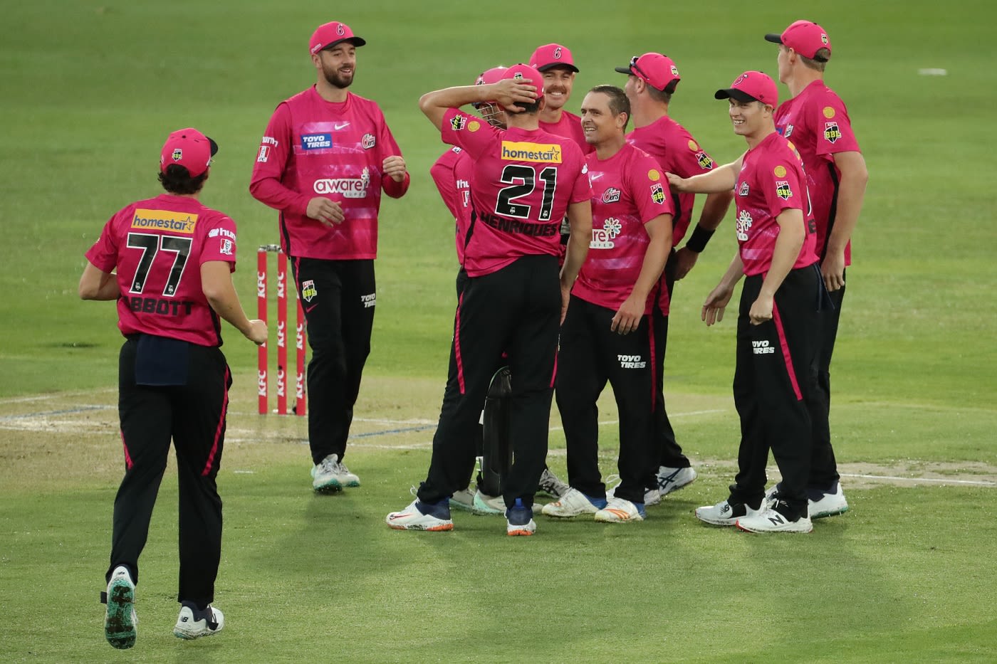 Steve O'Keefe is congratulated by his team-mates