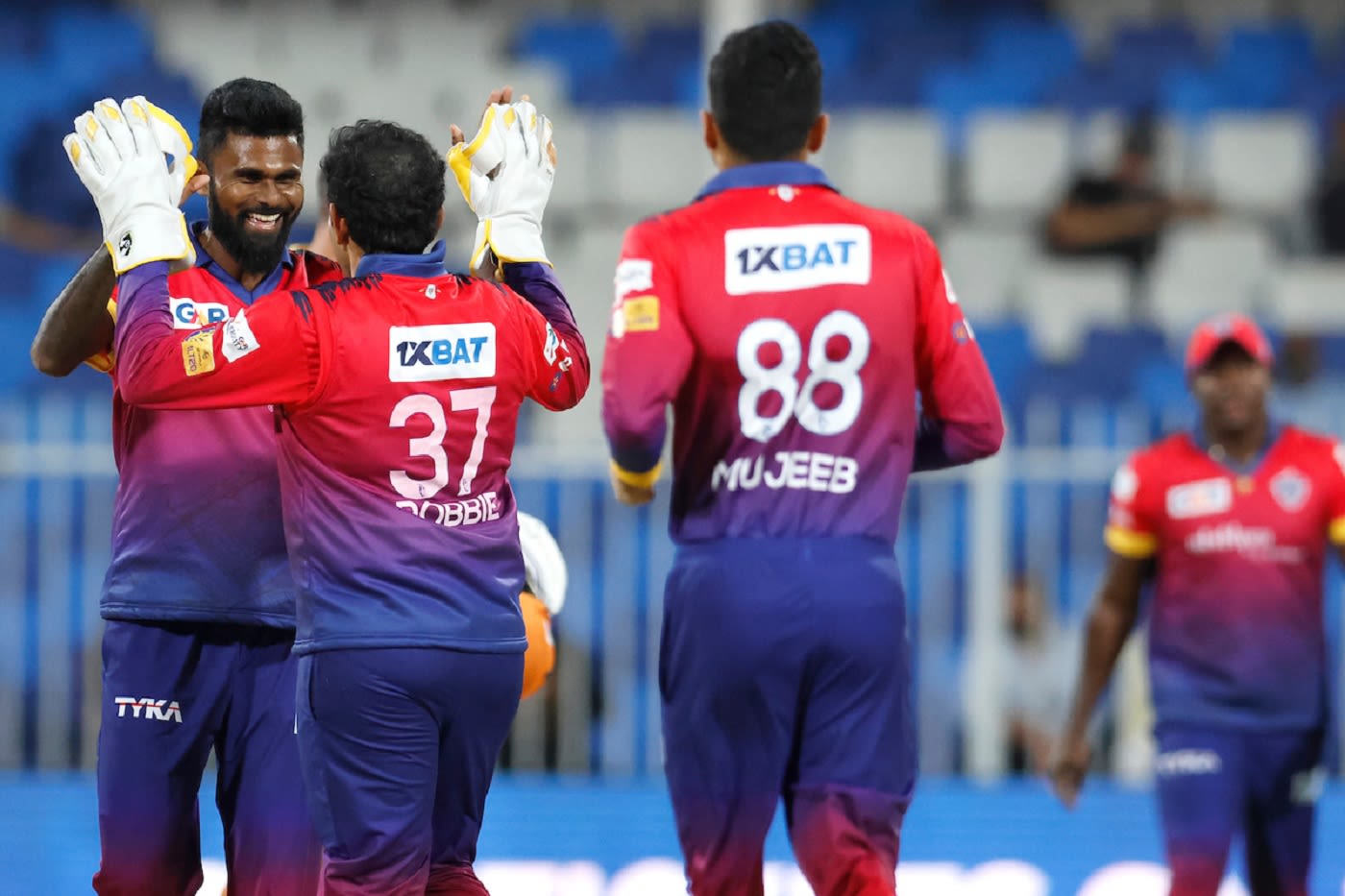 Isuru Udana celebrates after dismissing Rehan Ahmed