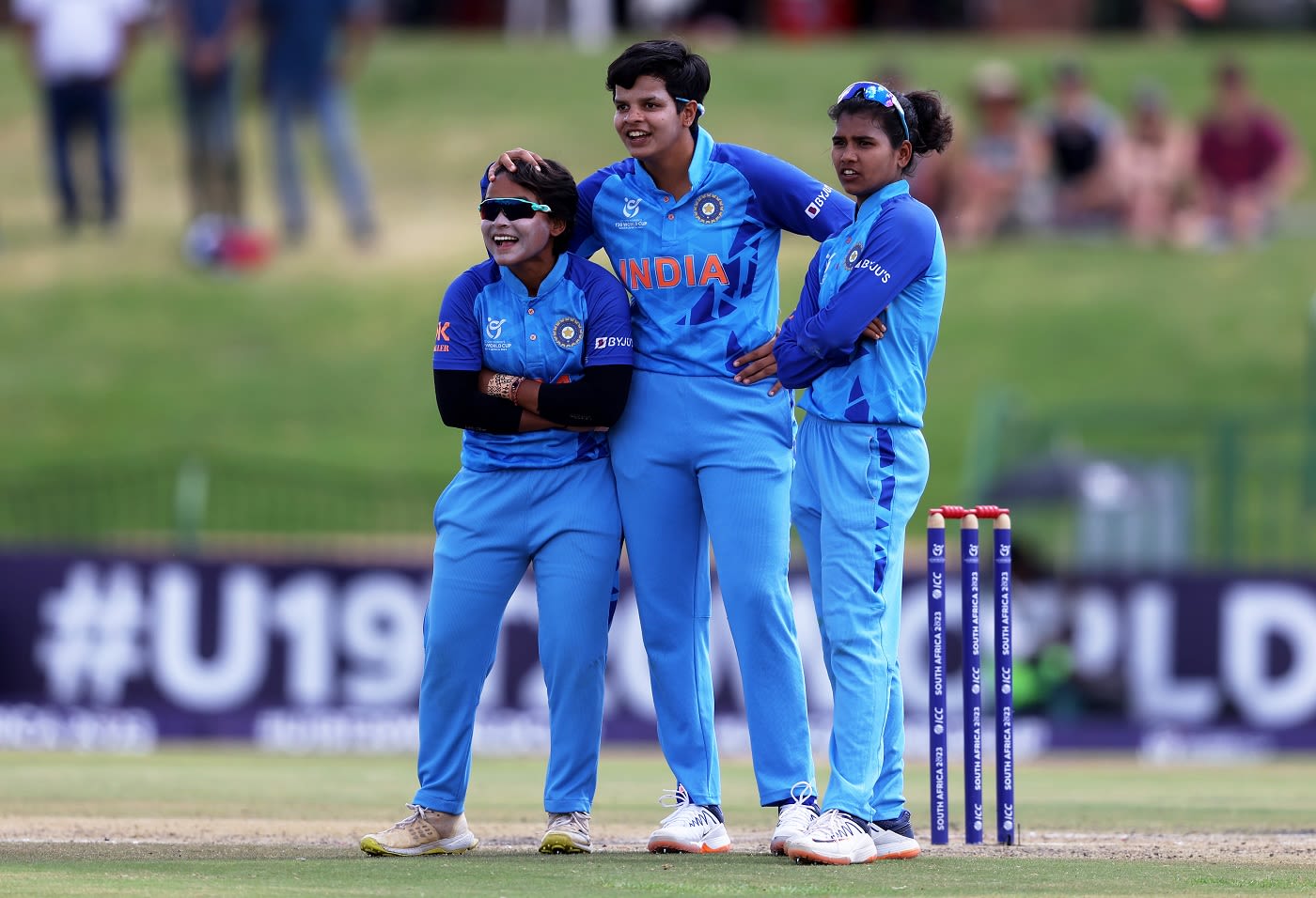 Shafali Verma, Hrishitha Basu and Archana Devi celebrate a wicket