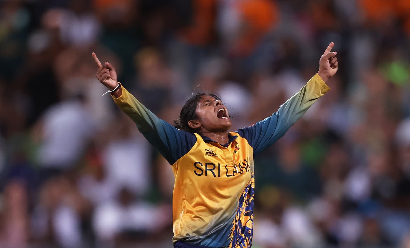 Oshadi Ranasinghe celebrates after dismissing Nadine de Klerk