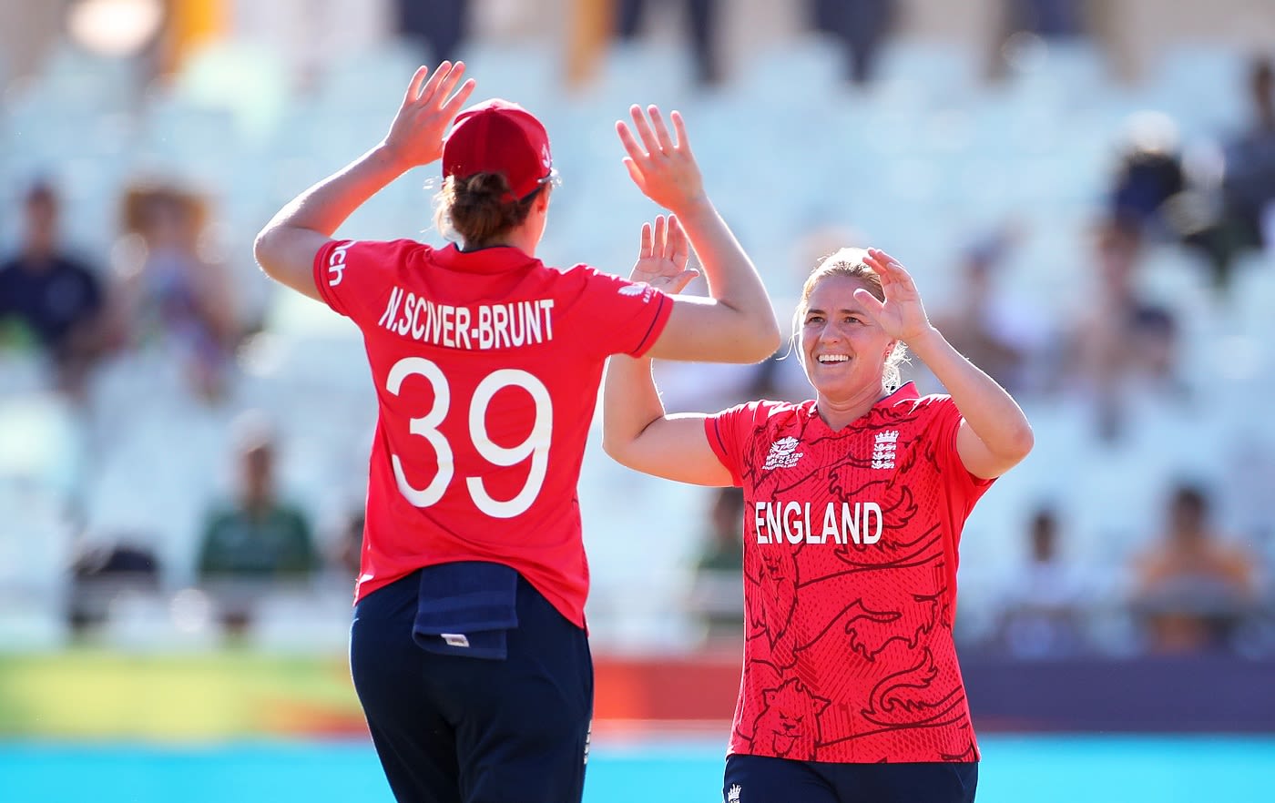 Nat Sciver-Brunt celebrates a wicket with Katherine Sciver-Brunt