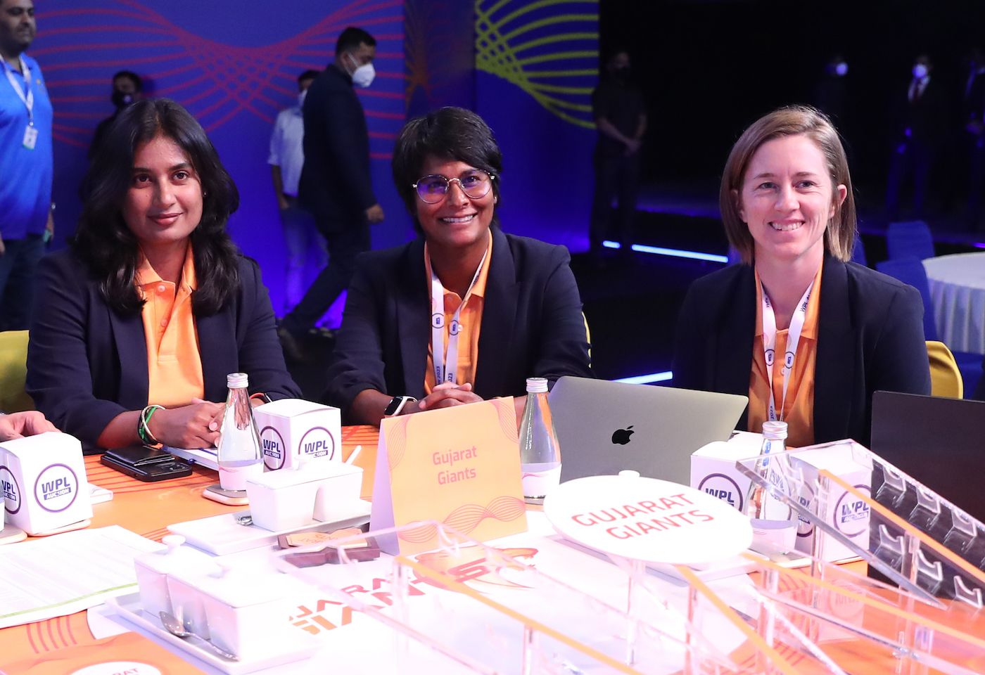 Mithali Raj, Nooshin Al Khadeer and Rachael Haynes at the Gujarat Giants auction table