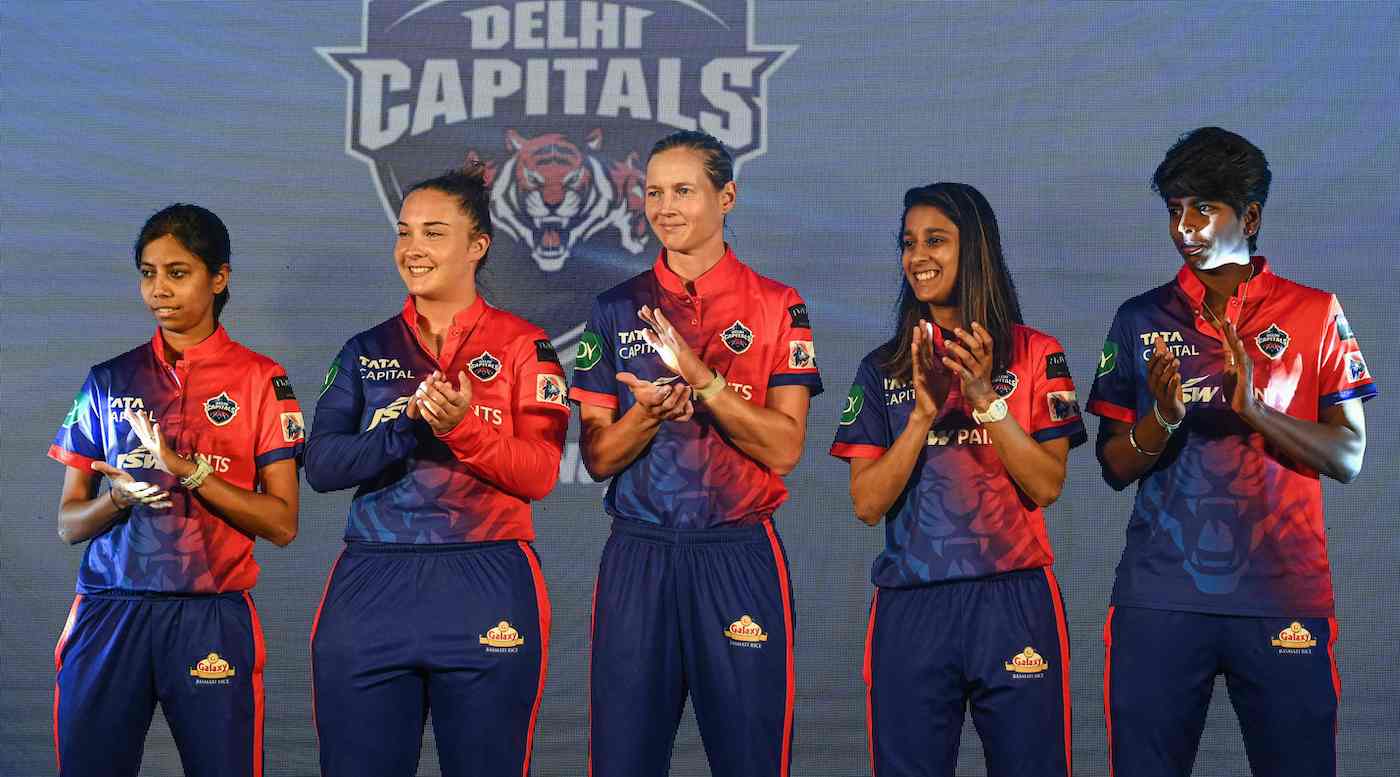 Delhi Capitals players Aparna Mondal, Alice Capsey, Meg Lanning, Jemimah Rodrigues and Arundhati Reddy