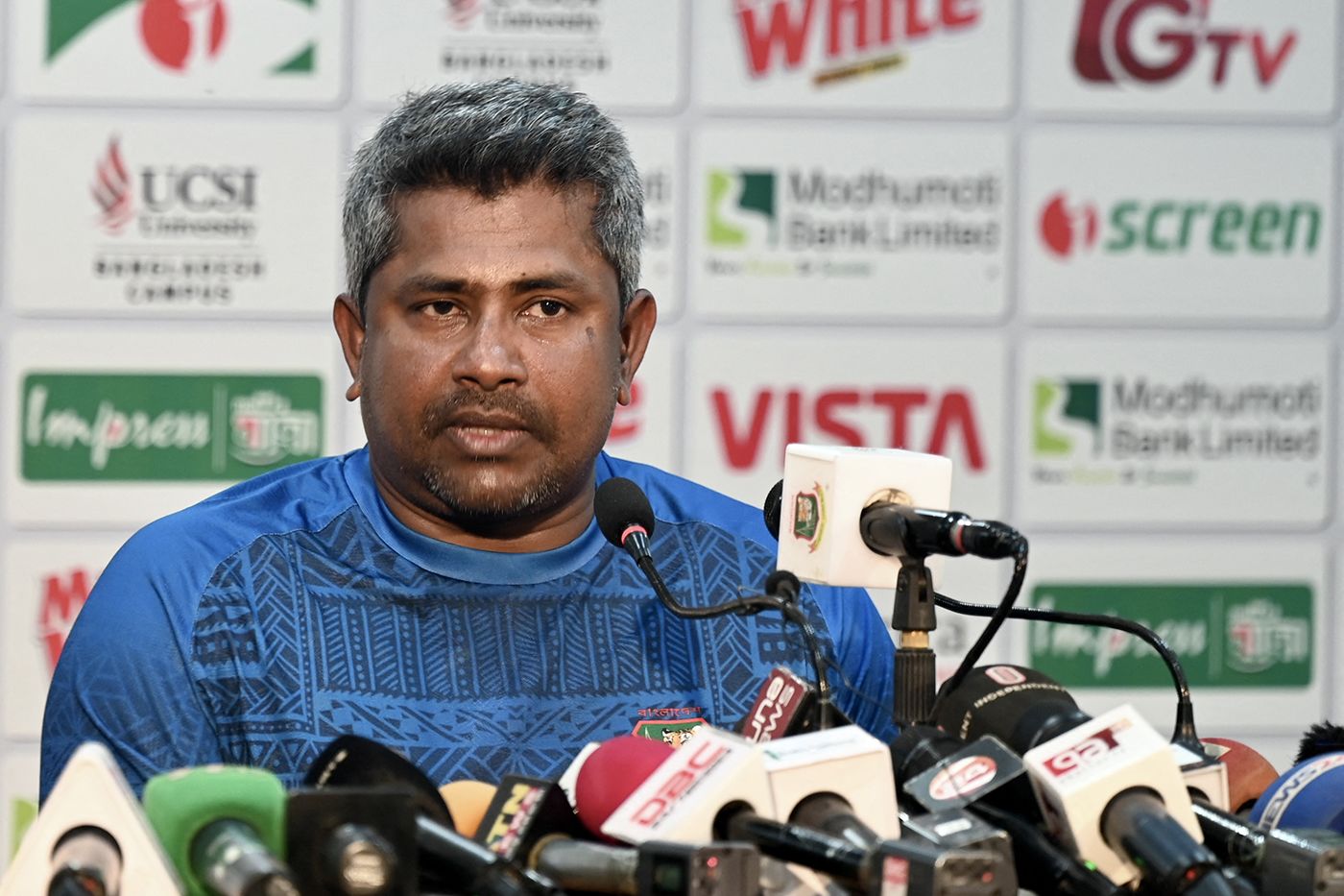 Bangladesh spin-bowling coach Rangana Herath speaks to the media