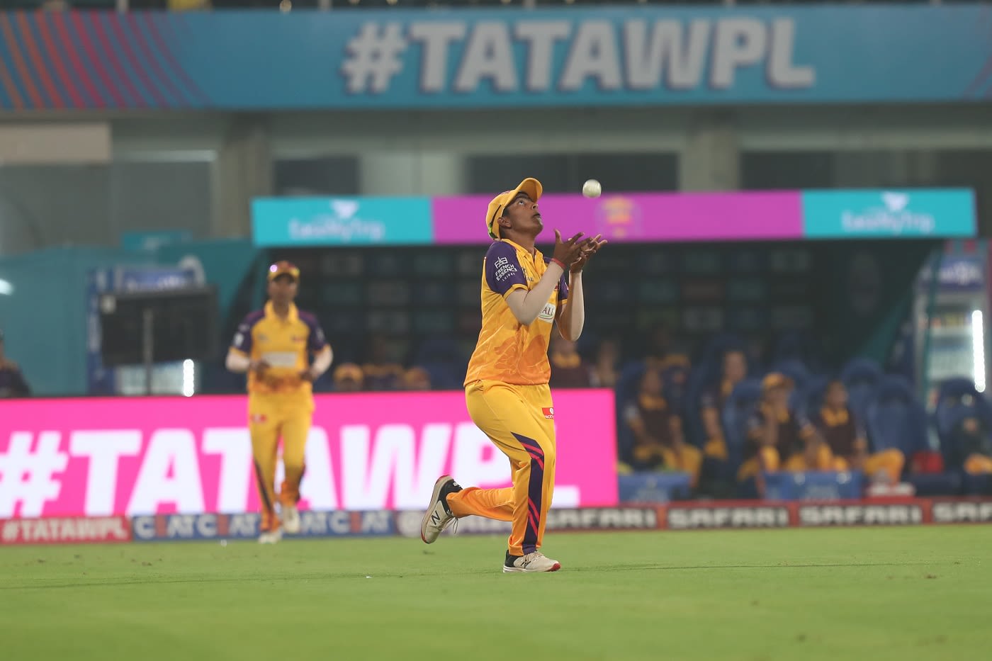 Shweta Sehrawat runs in from the deep to take a catch at midwicket