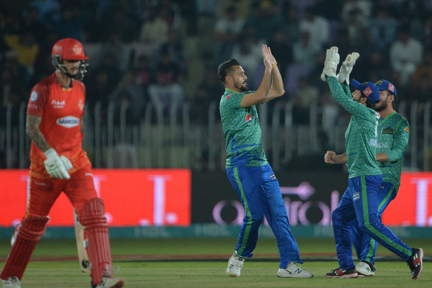 Anwar Ali celebrates after getting rid of Alex Hales