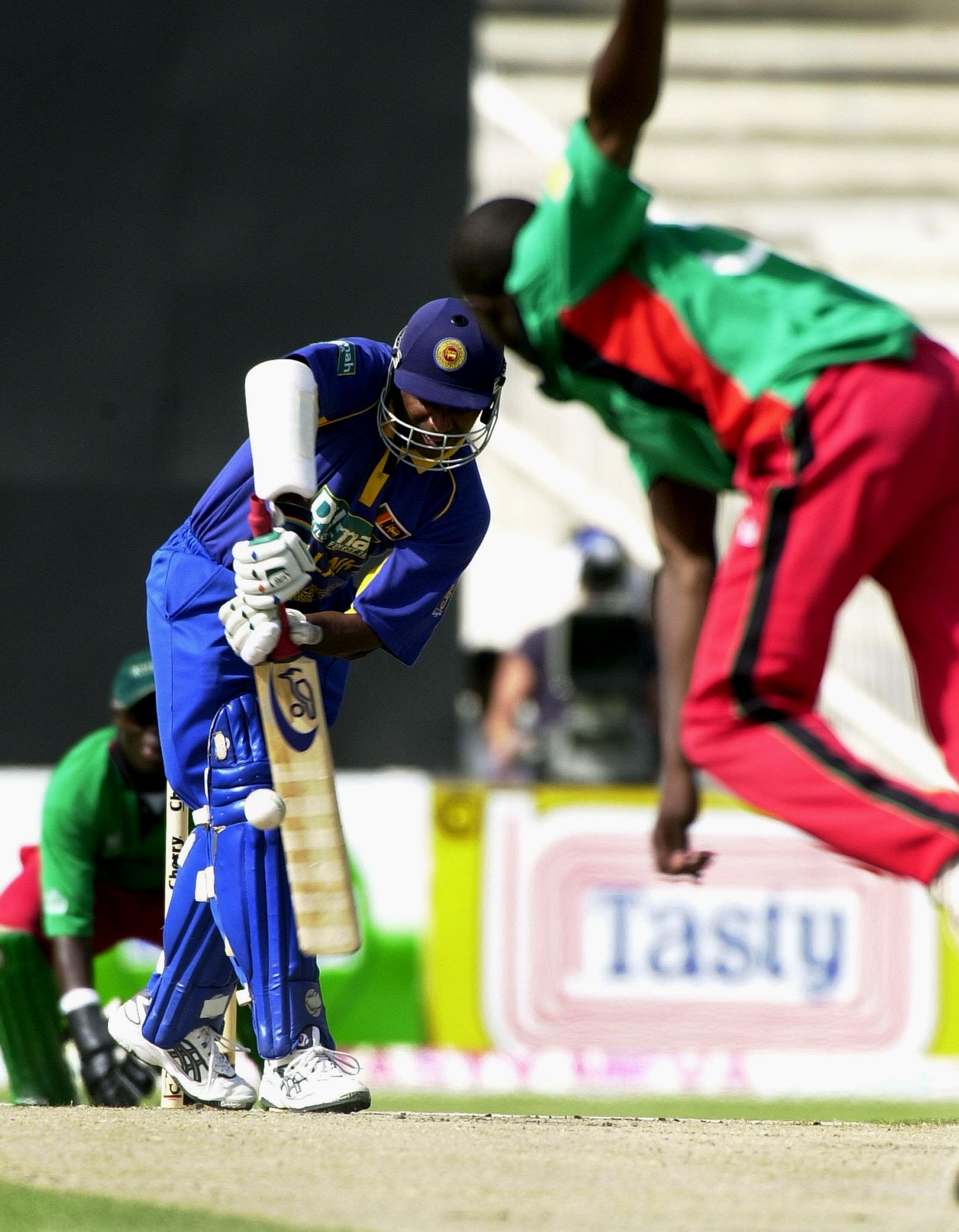 Sanath Jayasuriya faces a delivery from Alfred Luseno