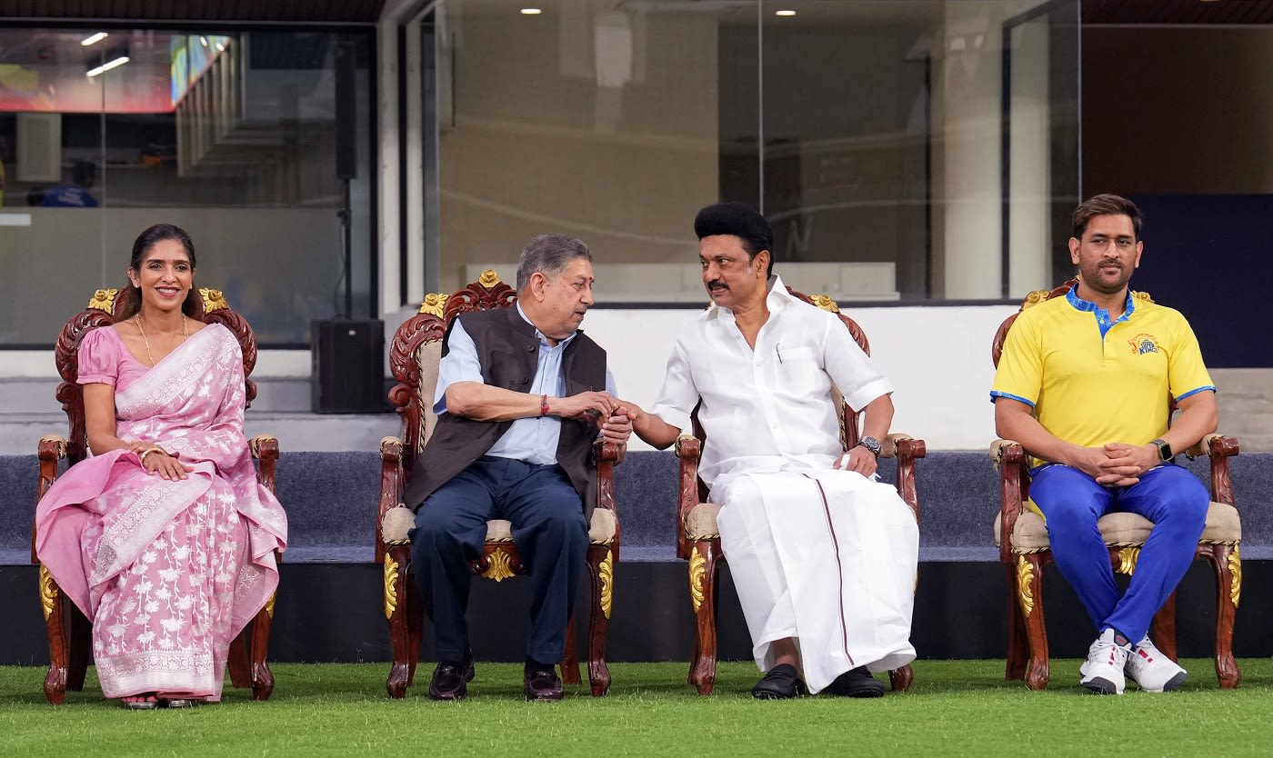 Rupa Gurunath, N Srinivasan, MK Stalin and MS Dhoni at the inauguration of the newly constructed stand at Chepauk