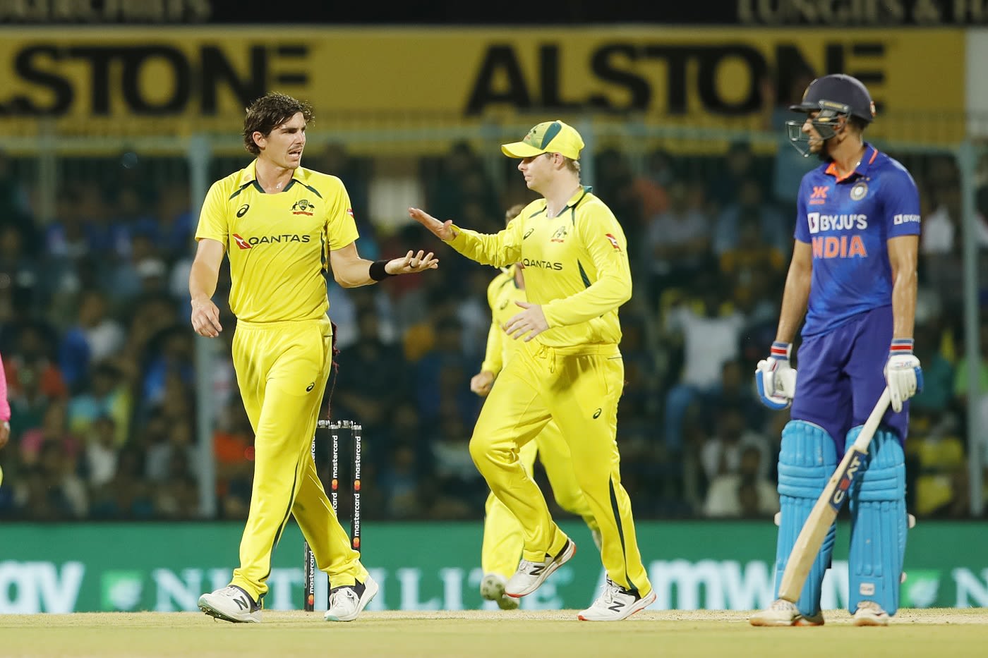 Sean Abbott is congratulated by Steven Smith after removing Rohit Sharma