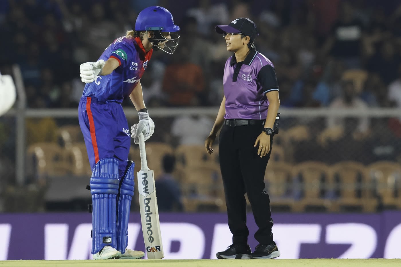 Meg Lanning checks with umpire Vrinda Rathi for a no-ball