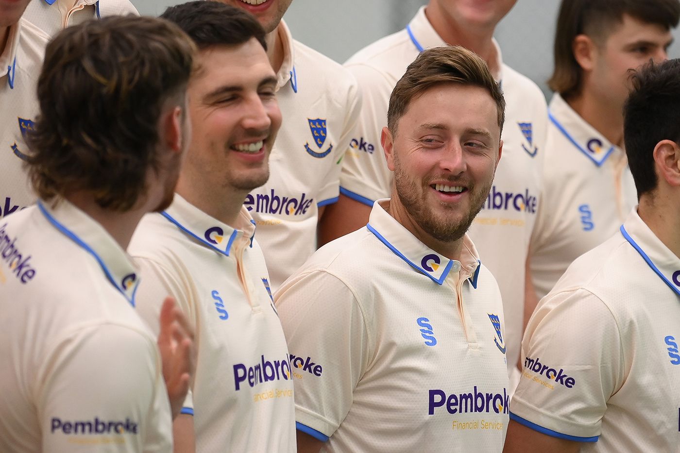 Ollie Robinson shares a lighter moment with Steven Finn at Sussex's media day
