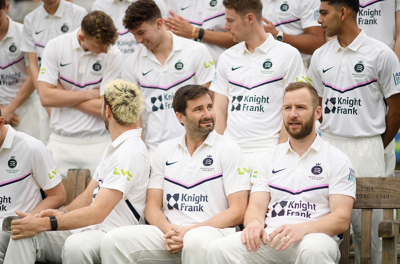 Tim Murtagh and Mark Stoneman look on during Middlesex's pre-season photocall