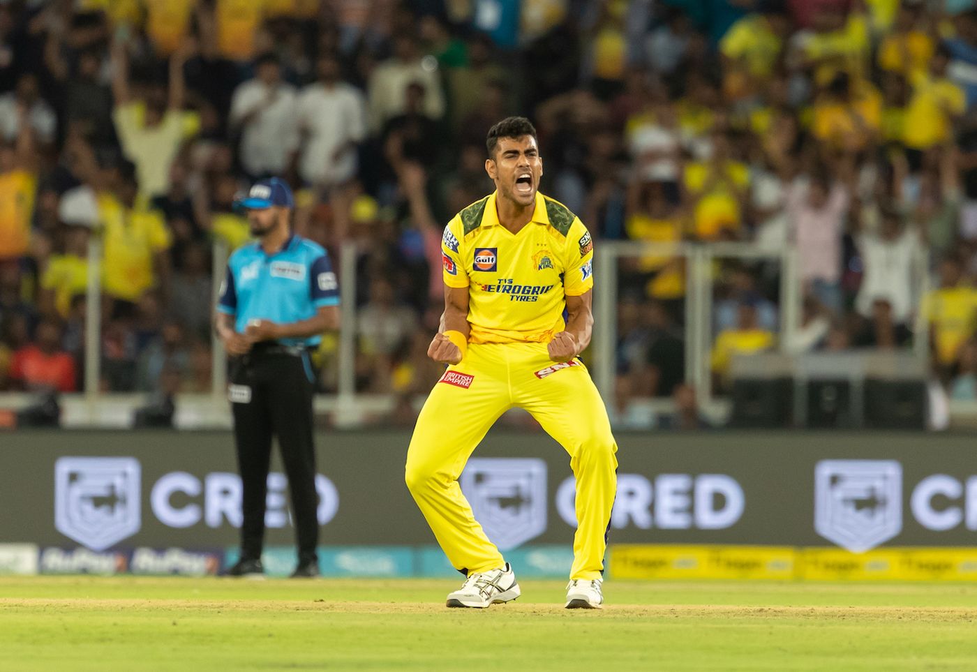 Rajvardhan Hangargekar celebrates his first wicket in the IPL