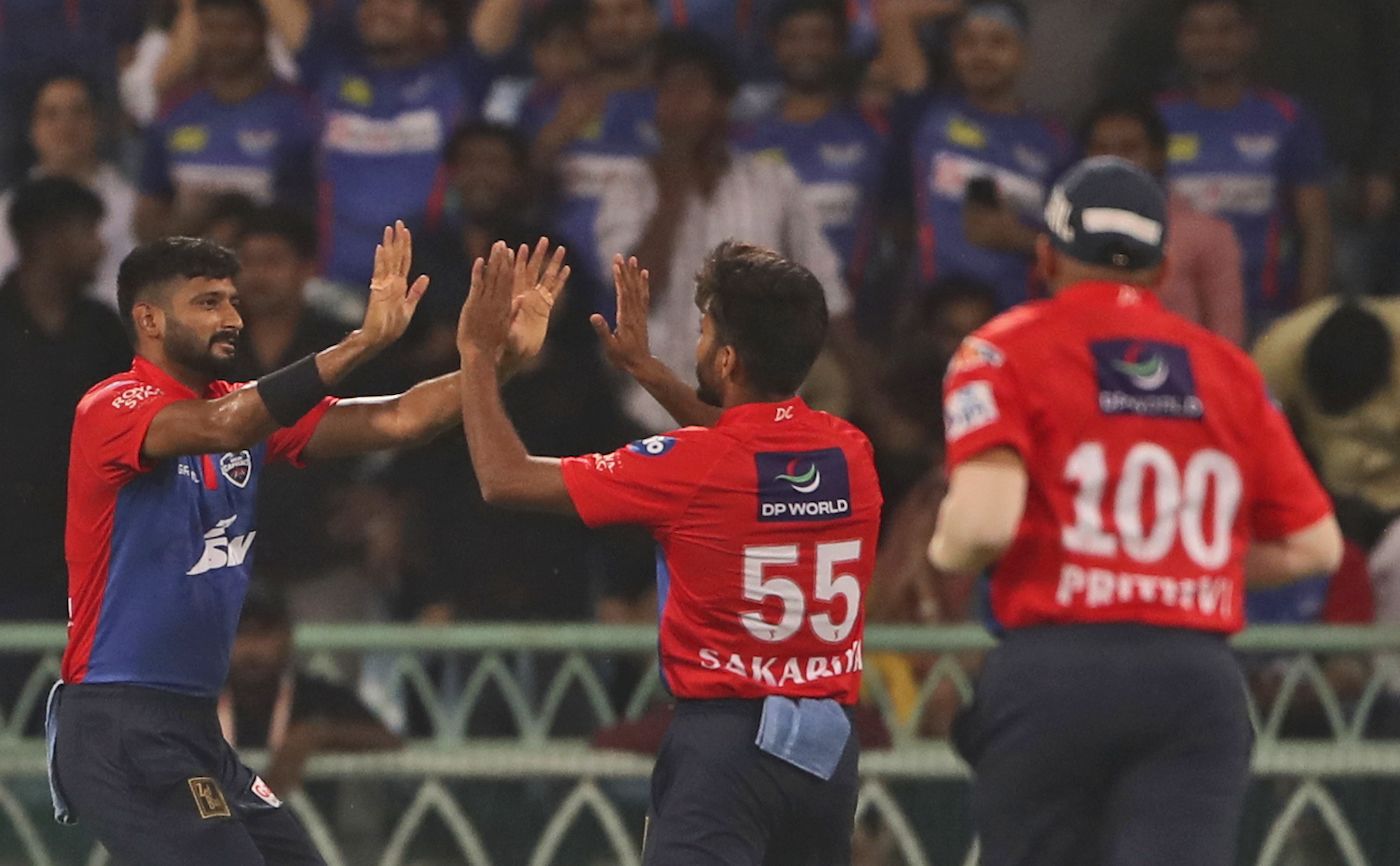 Khaleel Ahmed and Chetan Sakariya celebrate a wicket
