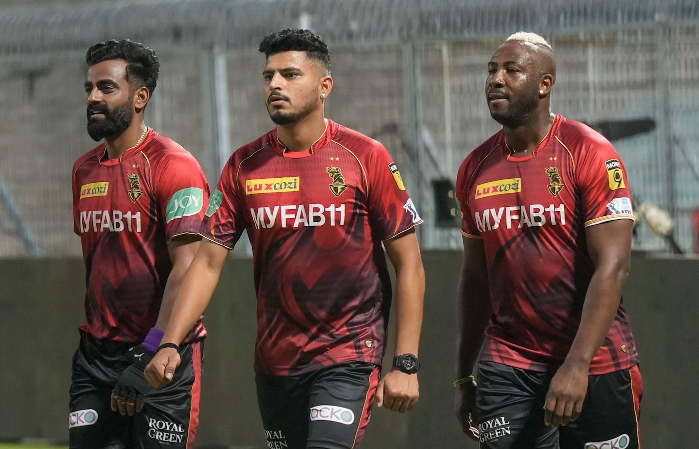 Kulwant Khejroliya, Vaibhav Arora and Andre Russell train at their home ground