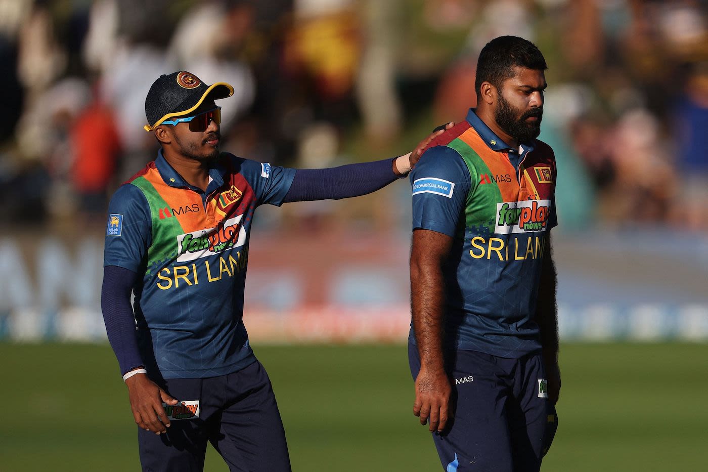 Pramod Madushan consoles Lahiru Kumara after Sri Lanka's loss