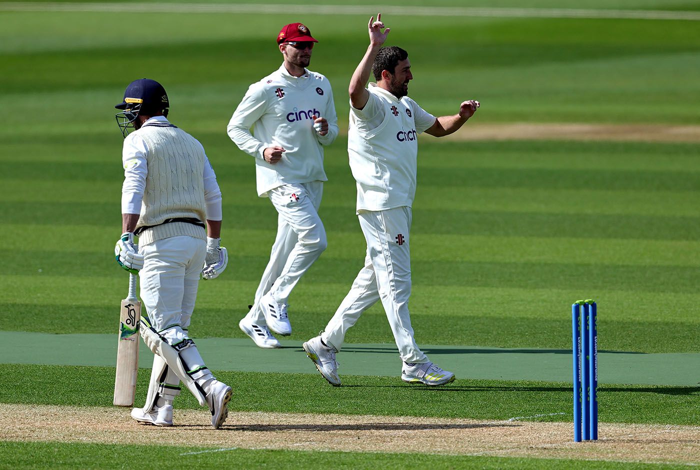 Ben Sanderson celebrates the wicket of Pieter Malan as Middlesex's batting fails again