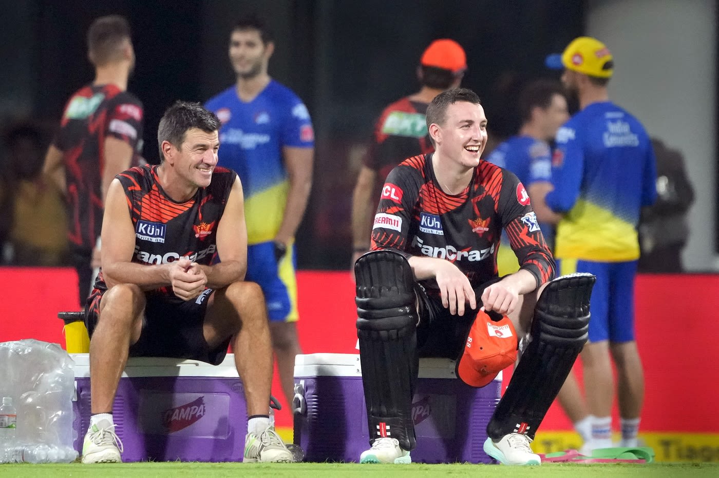 Simon Helmot and Harry Brook find a reason to smile