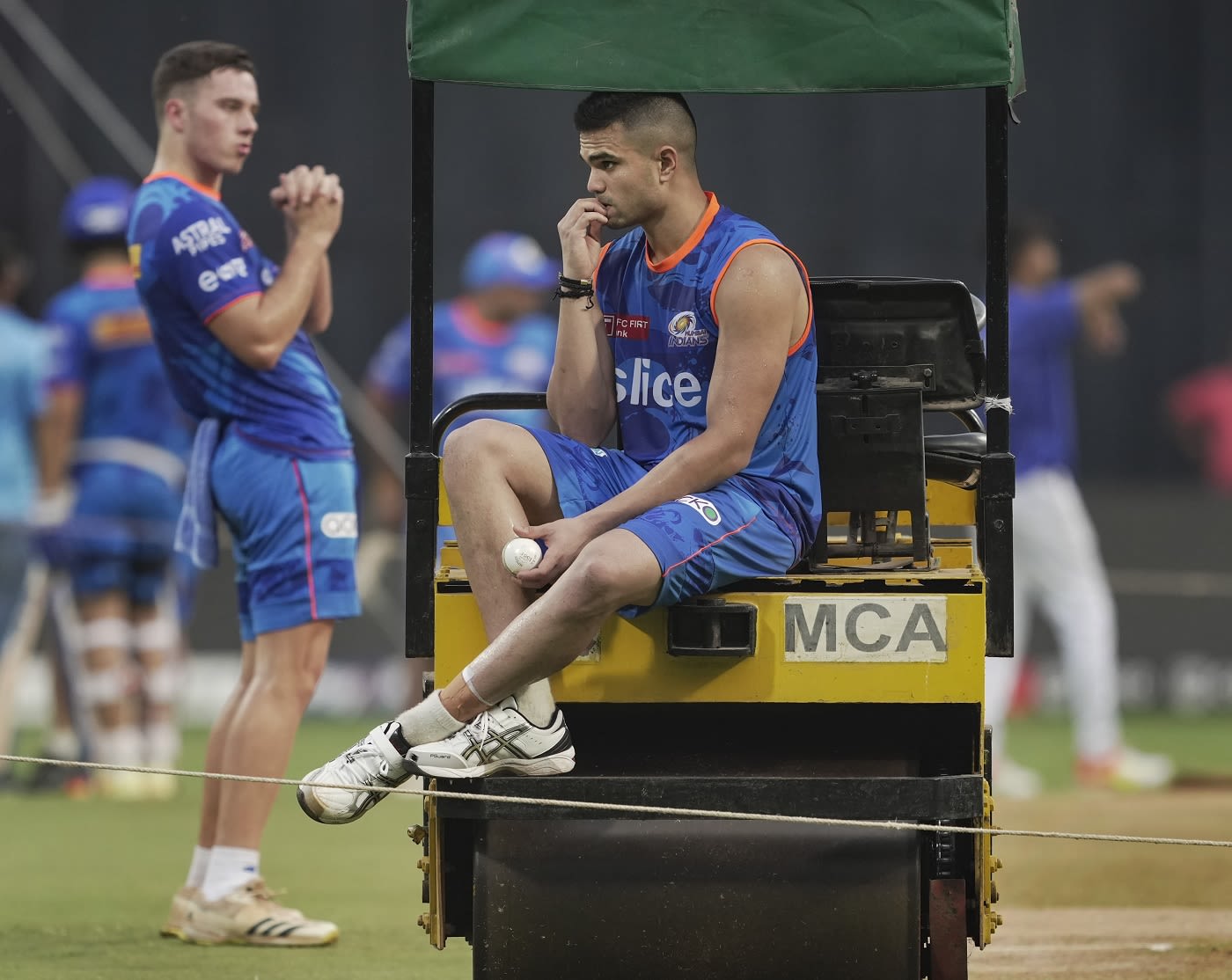 Arjun Tendulkar and Dewald Brevis at a training session