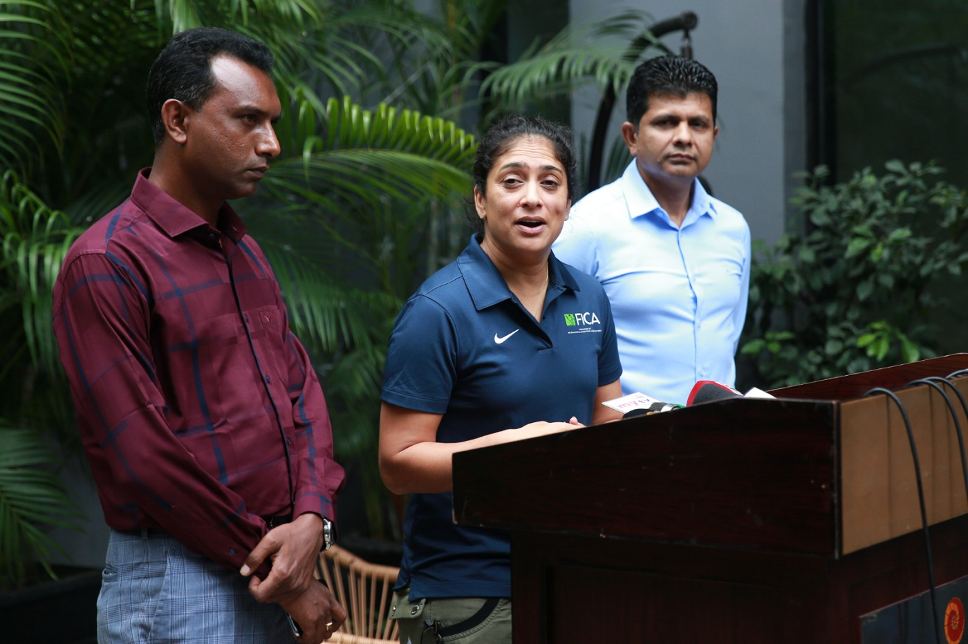 FICA president Lisa Sthalekar attends a press conference in Dhaka