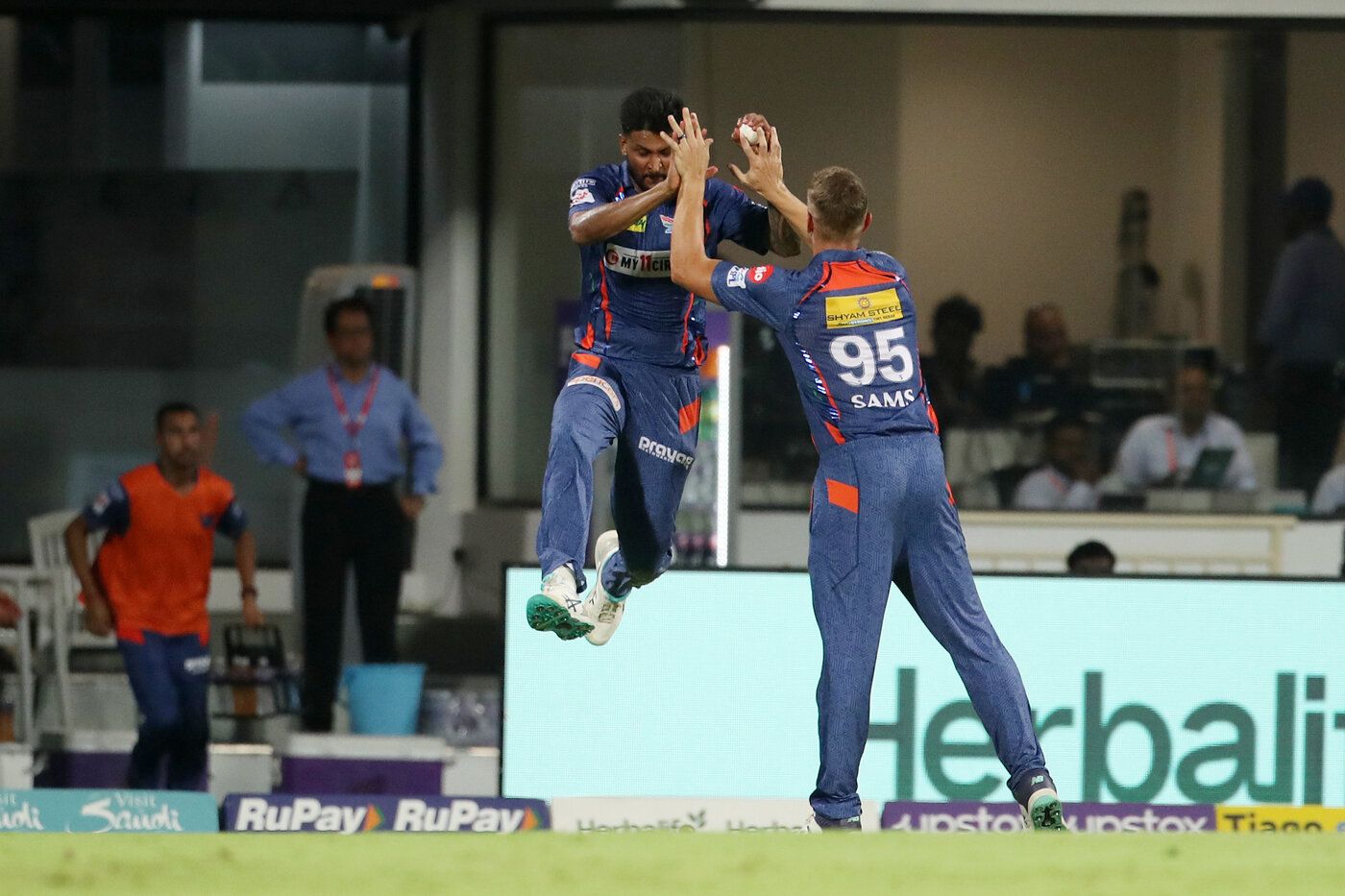 K Gowtham leaps in celebration after catching out Suryakumar Yadav