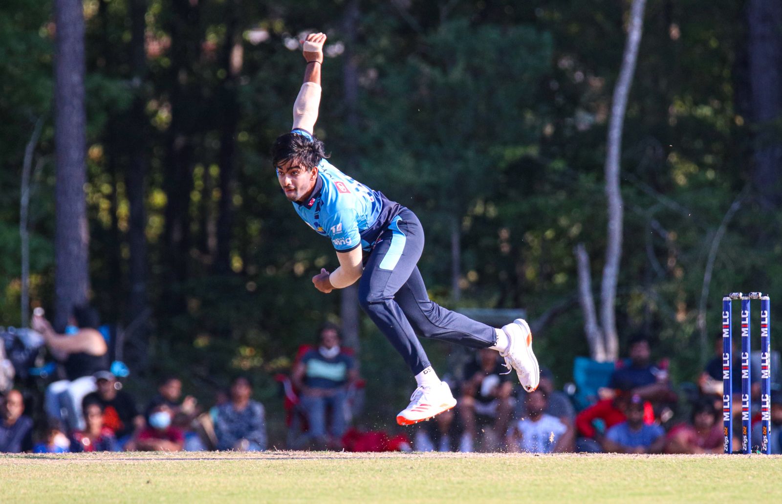 Abhishek Paradkar delivers for champions Silicon Valley Strikers during the 2021 Minor League Cricket T20 Final