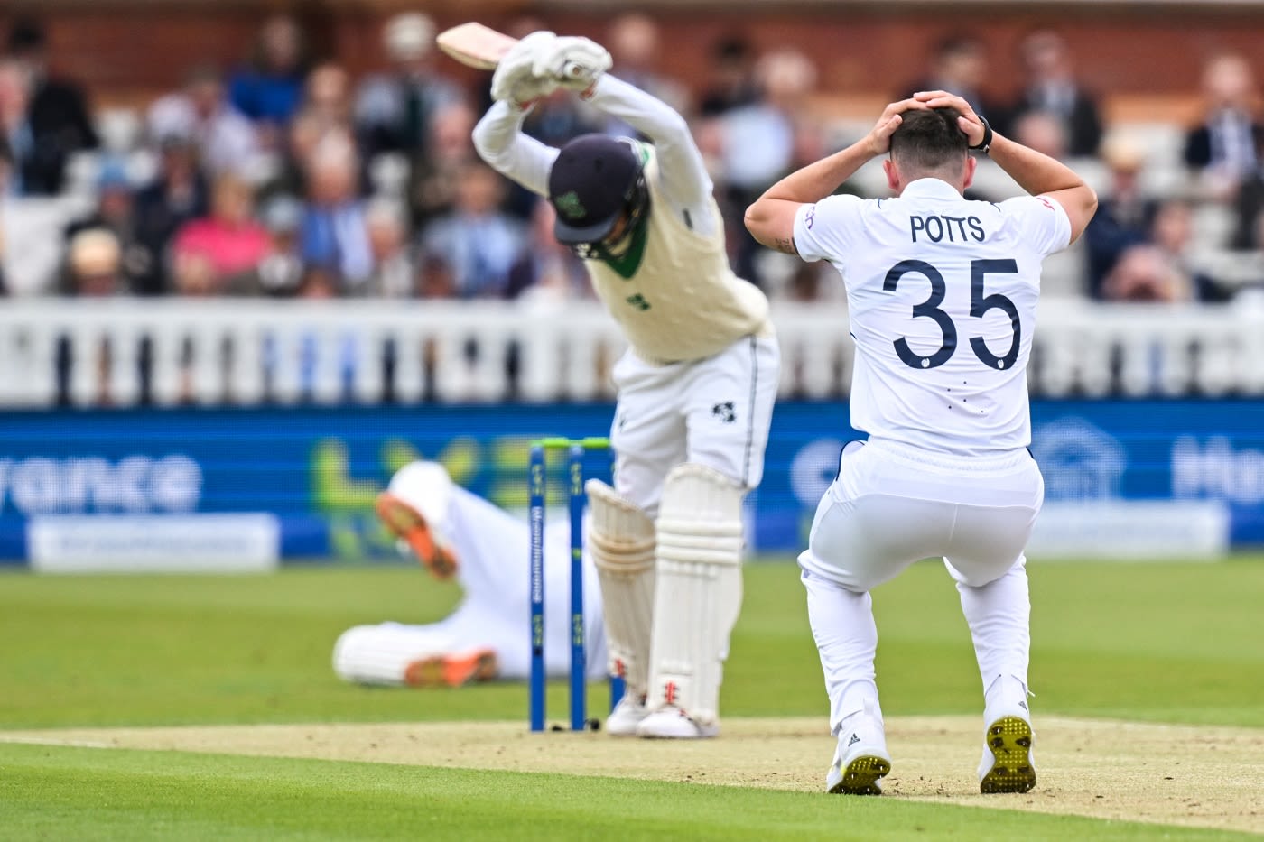 Matthew Potts reacts after James McCollum left one that nipped back
