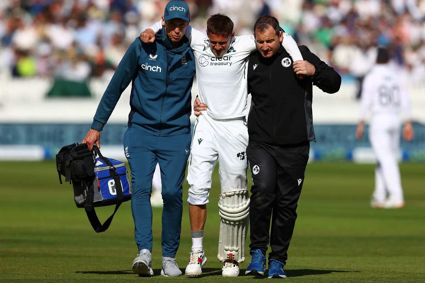 James McCollum twisted his right ankle and was retired hurt. He was helped by both the Ireland and England physios