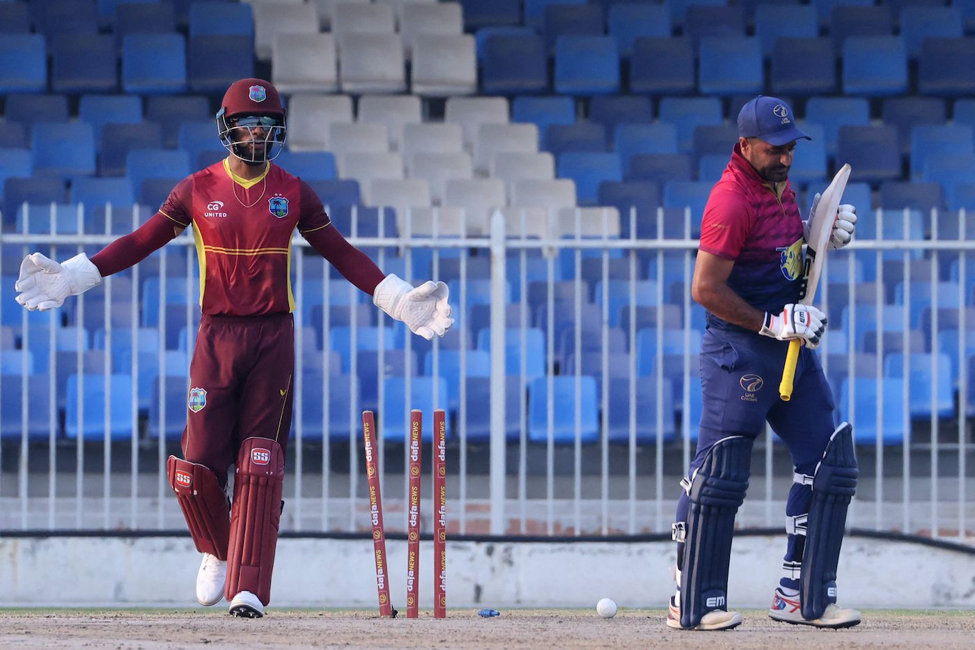 Shai Hope's celebrations were cut short when Asif Khan was bowled on a no-ball