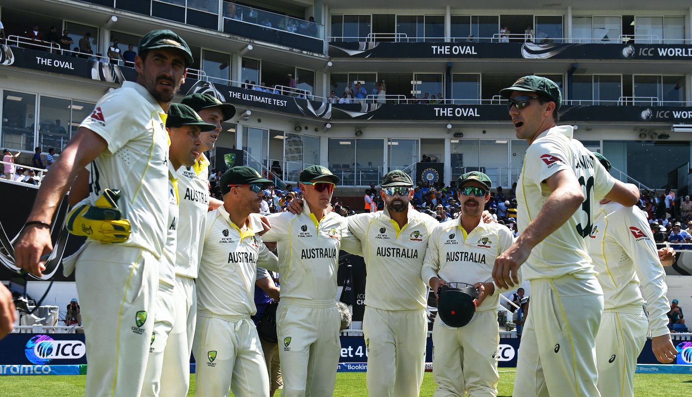 Australia's huddle featuring Mitchell Starc, Pat Cummins, Nathan Lyon, Cameron Green, et al