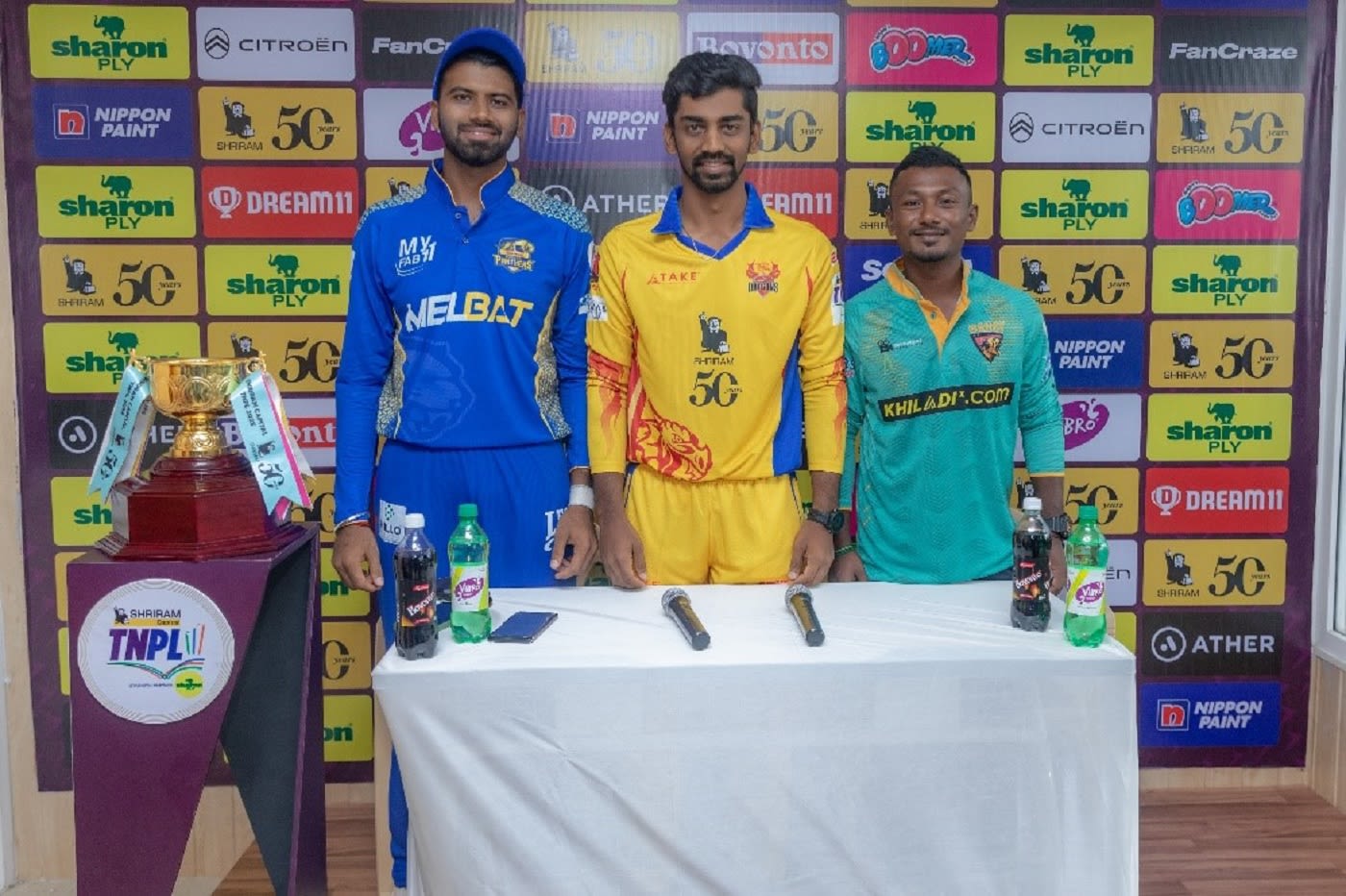C Hari Nishaanth, B Indrajith and GS Raju at a TNPL press conference