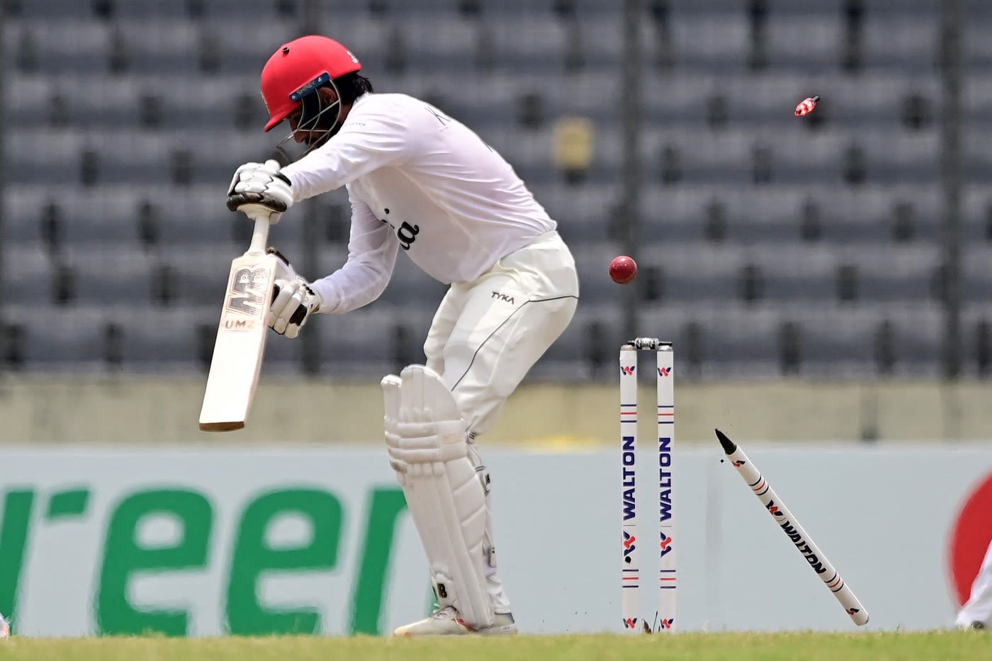 Karim Janat's off stump went cartwheeling thanks to Taskin Ahmed