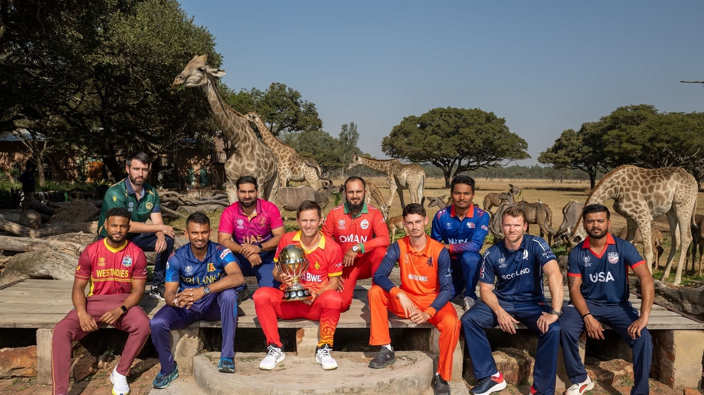 Zimbabwe captain Craig Ervine, Ireland captain Andy Balbirnie, Nepal captain Rohit Paudel, Netherlands captain Scott Edwards, Oman captain Zeeshan Maqsood, Scotland captain Richie Berrington, Sri Lanka captain Dasun Shanaka, UAE Captain Mohammad Waseem, USA captain Monank Patel, West Indies captain Shai Hope ahead of the World Cup Qualifier