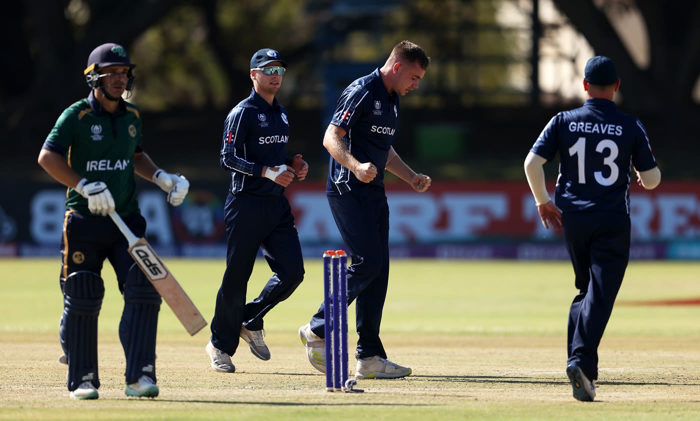 Christopher McBride celebrates after getting the key wicket of Andy McBrine