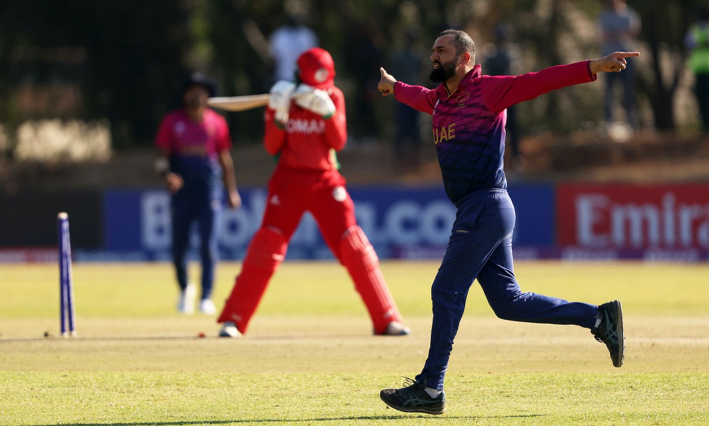 Rohan Mustafa celebrates after knocking over a set batter