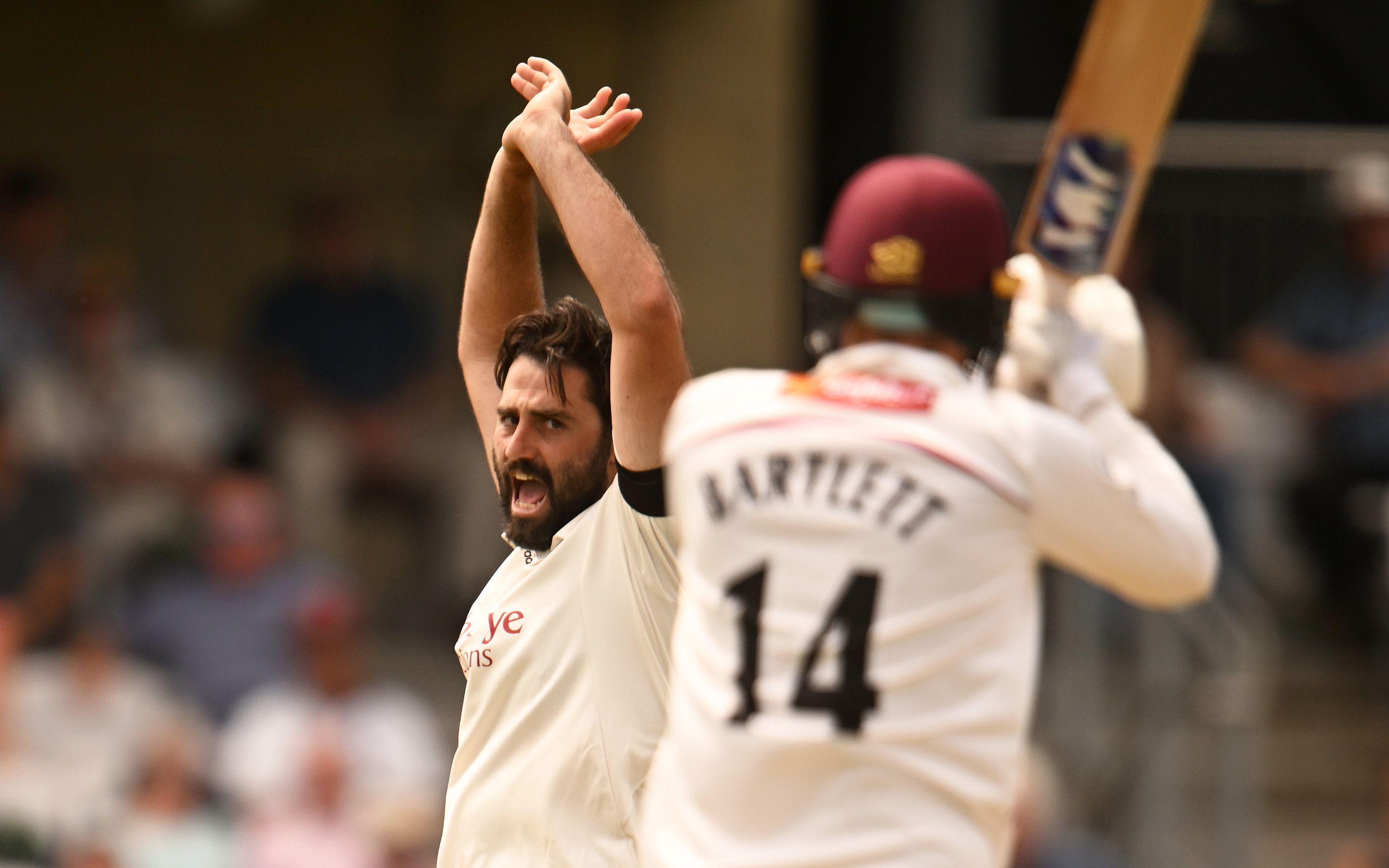 Brett Hutton celebrates the wicket of Somerset's George Bartlett