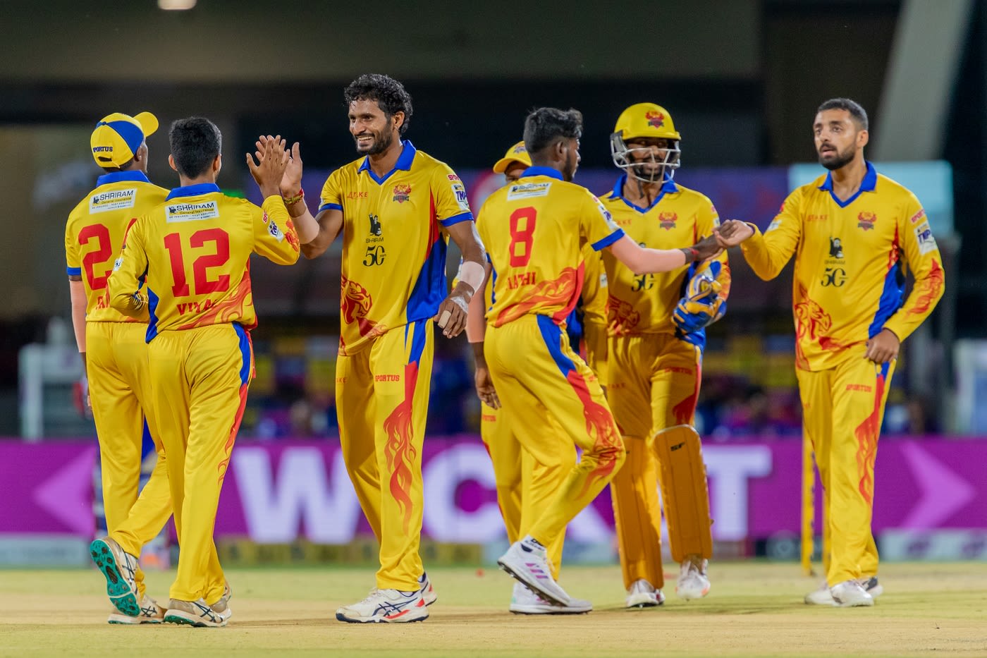 Dindigul Dragons' P Saravana Kumar celebrates a wicket with his team-mates