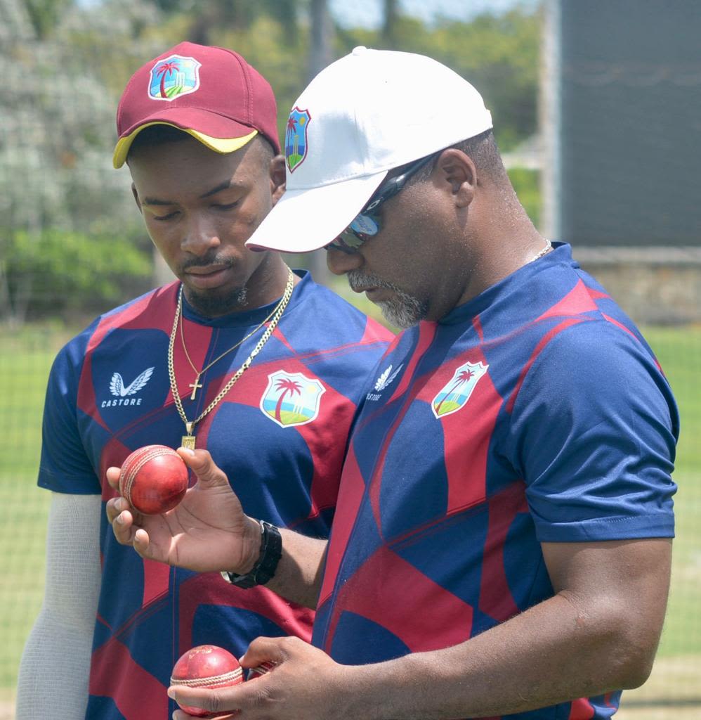Alick Athanaze and Andre Coley wonder which ball would do the job best