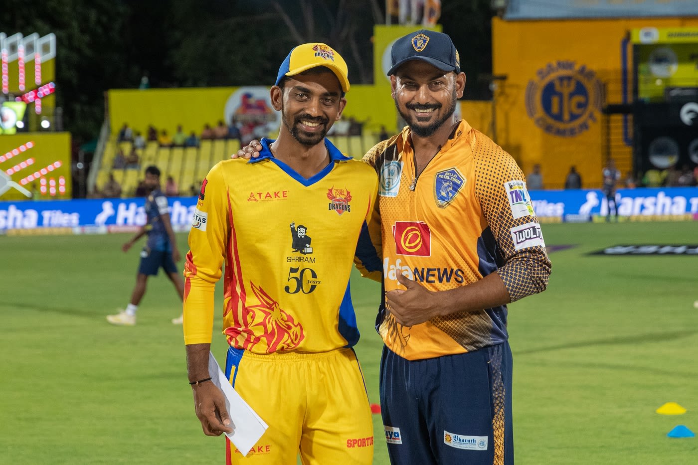 Dindigul Dragons captain B Indrajith and Nellai Royal Kings captain KB Arun Karthik greet each other