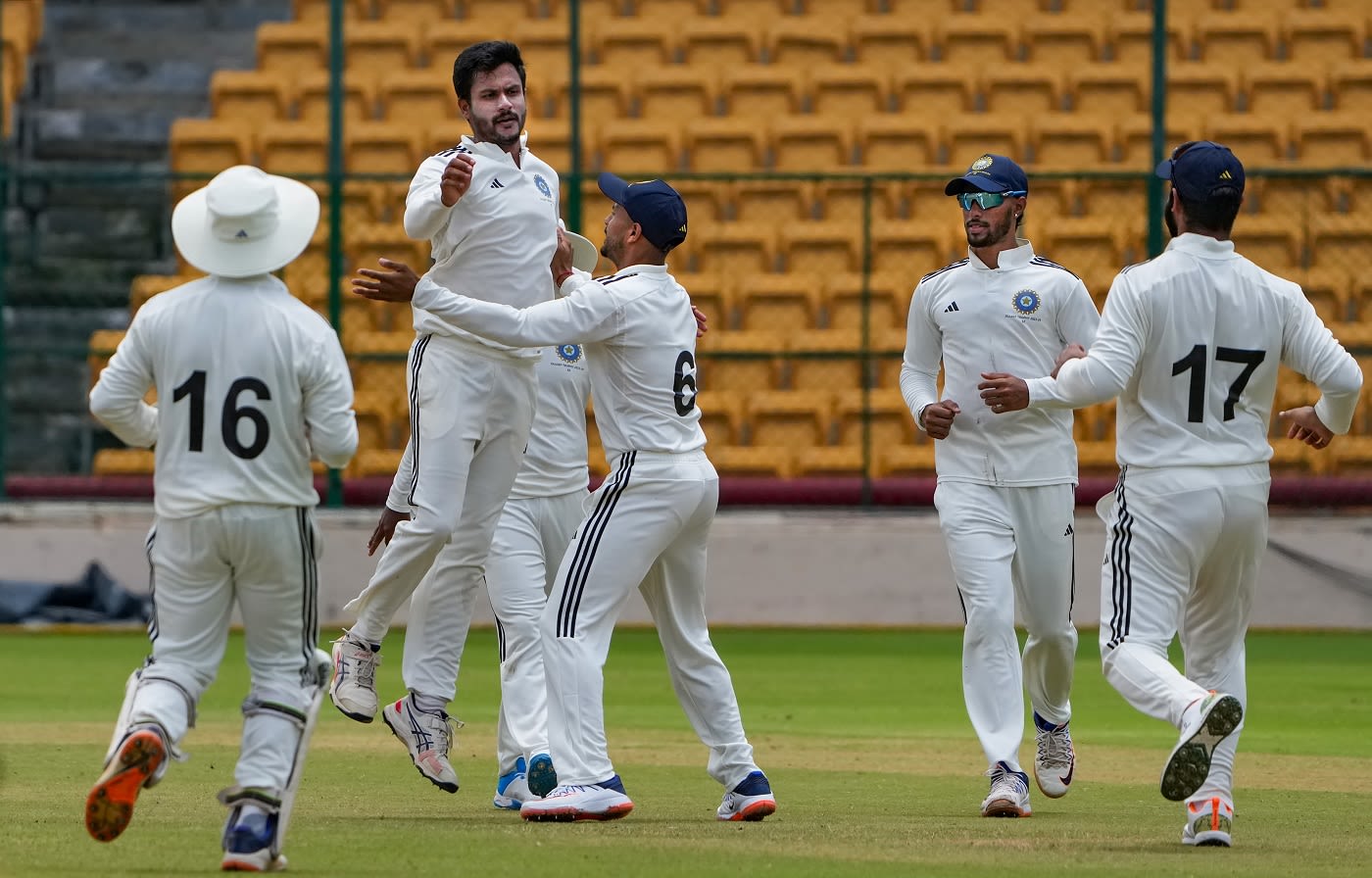 V Koushik celebrates after sending back Prithvi Shaw cheaply